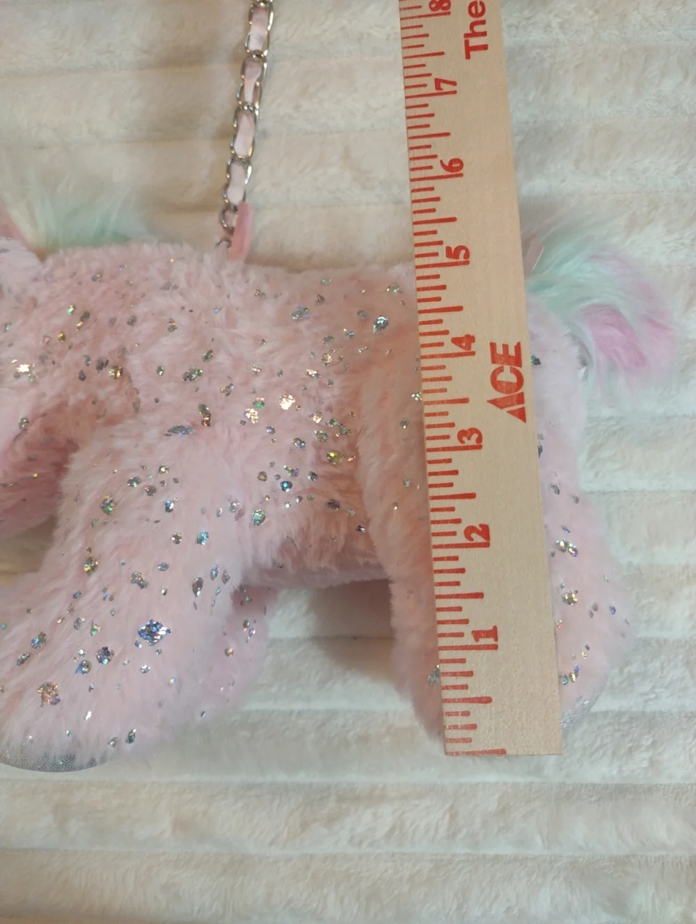 New Olly & Me Pink Unicorn Plush Crossbody Purse Zip Chain Sparkles Rainbow